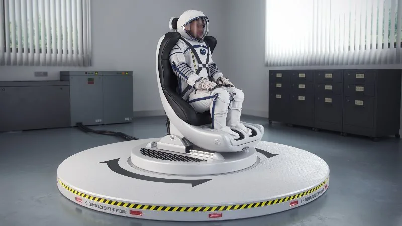 astronaut im Simulator, um das vestibuläre Gerät zu testen