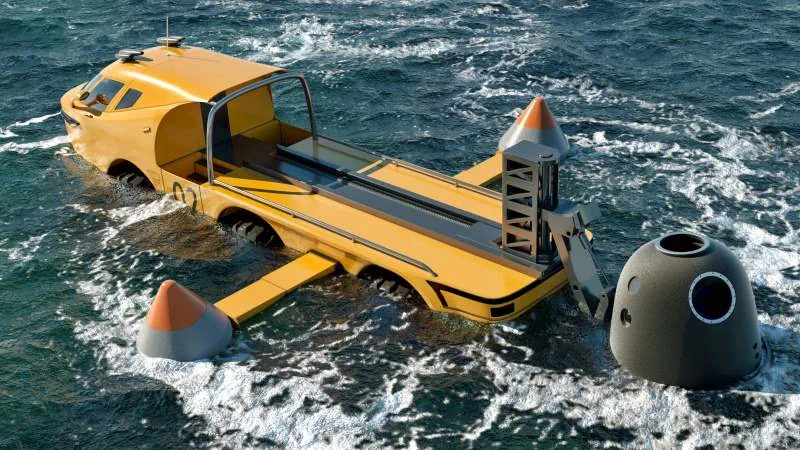 the concept of loading the spacecraft onto an amphibious all-terrain vehicle while in the water