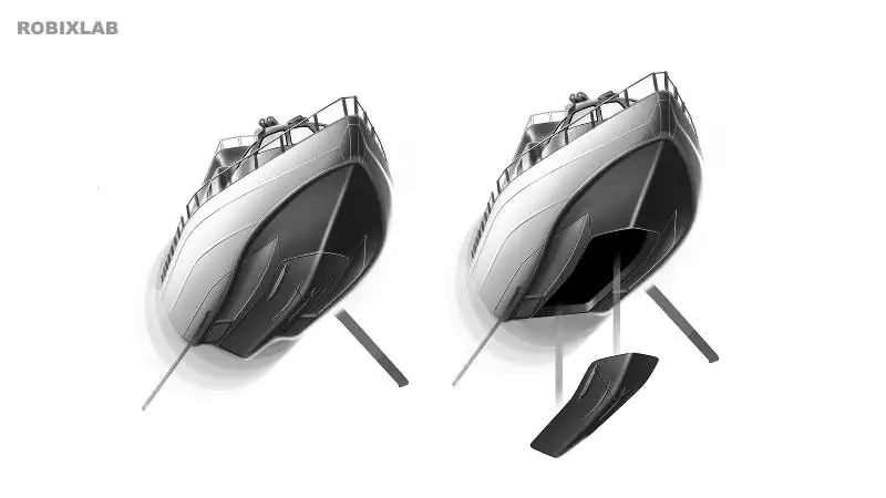 the scheme of operation of the retractable active ballast keel to minimize the pitching of the boat on the waves