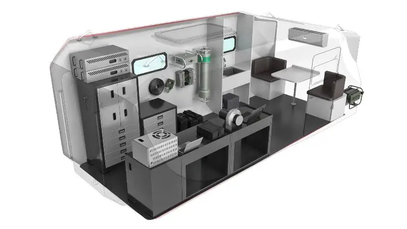 equipping a mobile laboratory module for transportation on an all-terrain vehicle